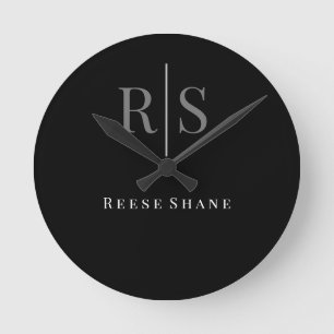 Elegant DIY Grey Monogram & White Name, Black Round Clock