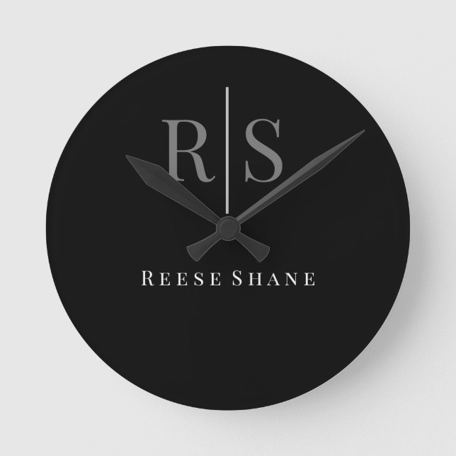 Elegant DIY Grey Monogram & White Name, Black Round Clock (Front)