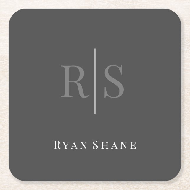 Elegant DIY Grey Monogram & White Name, Dark Grey Square Paper Coaster (Front)