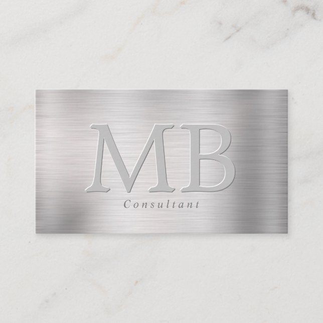 Elegant DIY Monogram, Brushed Steel Business Card (Front)