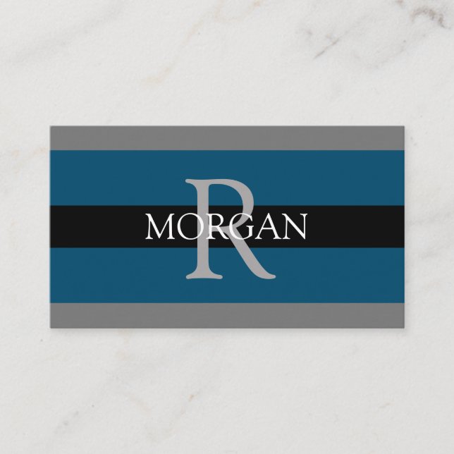 Elegant DIY Monogram Name Blk DkGray Ocean Blue Business Card (Front)
