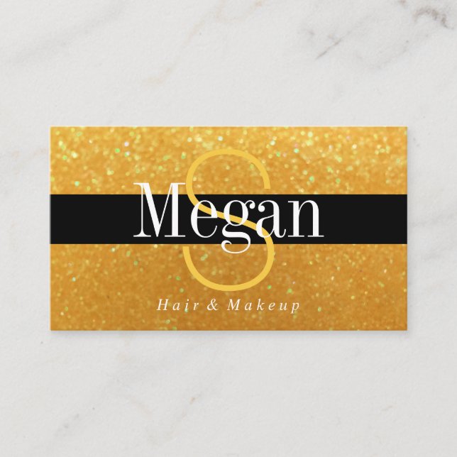 Elegant DIY Monogram Name Gold Glitter, Blk Stripe Business Card (Front)