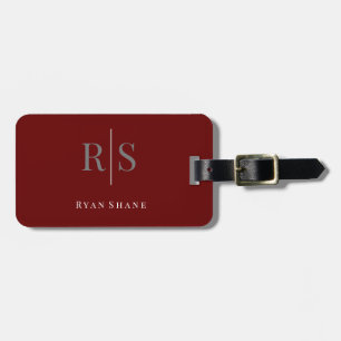 Elegant DIY Monogram & Name/Info, Deep Maroon/Grey Luggage Tag