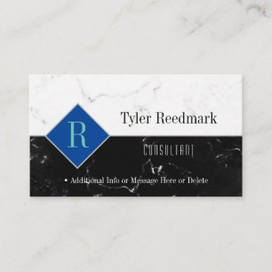 Elegant DIY Monogram Name Info, White & Blk Marble Business Card