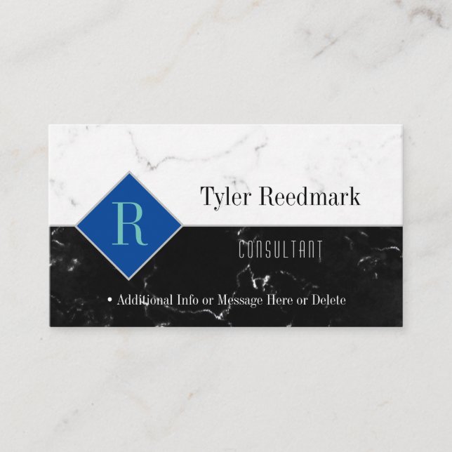 Elegant DIY Monogram Name Info, White & Blk Marble Business Card (Front)