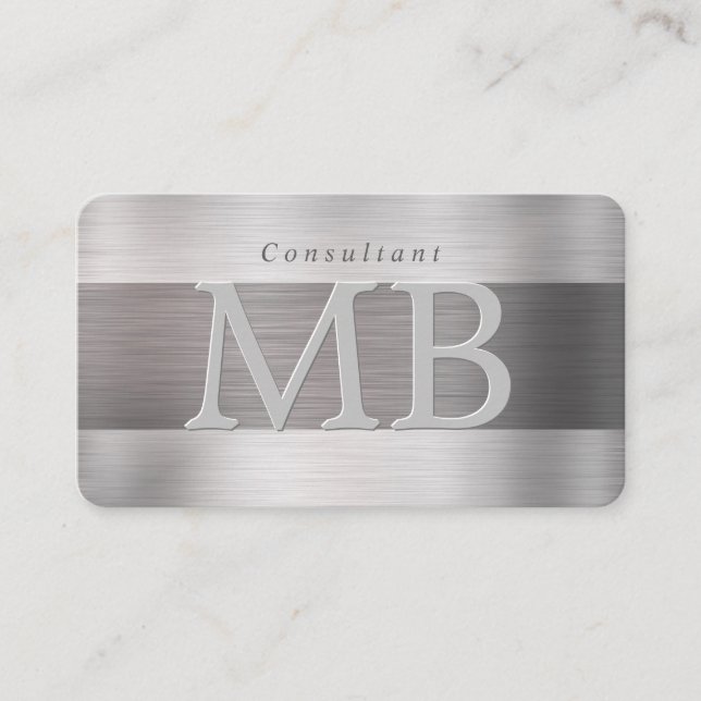 Elegant DIY Monogram Name Lt & Dk Brushed Steel V2 Business Card (Front)