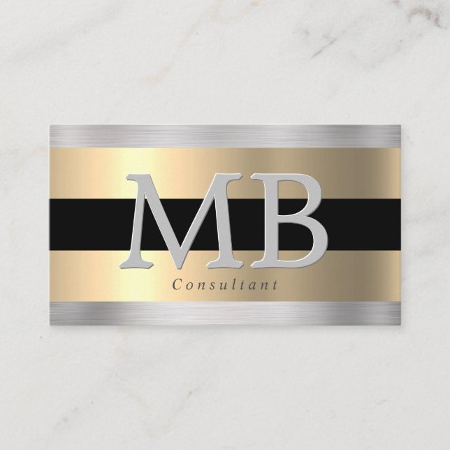 Elegant DIY Monogram, Yel Gold Brushed Steel Black Business Card (Front)