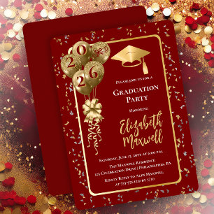 Elegant Dk Red Gold Balloons Graduation Party Invitation
