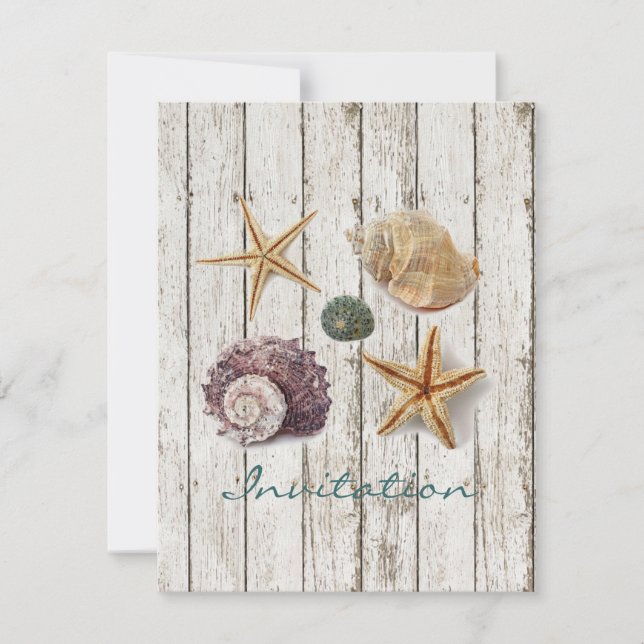 elegant dock wood seashells beach wedding invitation (Front)