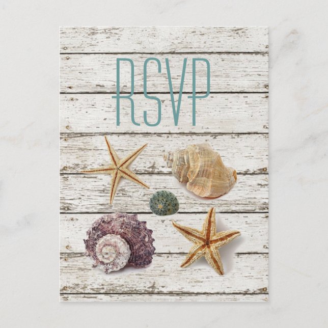 elegant dock wood seashells beach wedding rsvp invitation postcard (Front)