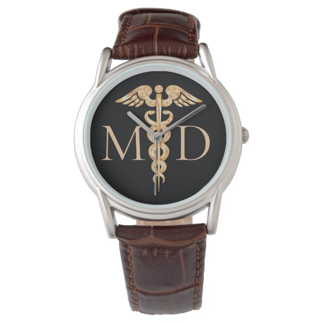 Elegant Doctor Caduceus Symbol Black Brown Leather Watch (Front)