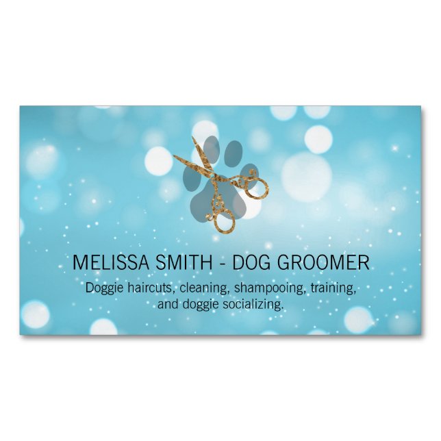 Elegant Dog Groomer | Blue Boke Magnetic Business Card (Front)