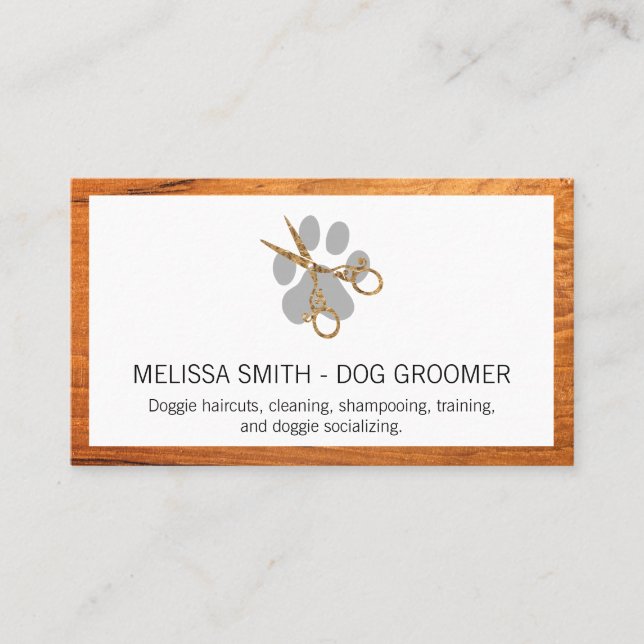 Elegant Dog Groomer | Wood Grain Business Card (Front)