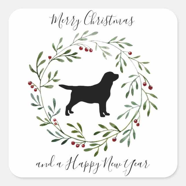 Elegant Dog Merry Christmas Wreath Black Labrador Square Sticker (Front)