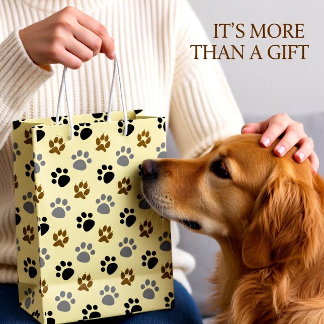 Elegant Dog pet paws cream Medium Gift Bag (Neutral Paw Print Pattern – Fun Dog Lover Paws Medium Gift Bag)