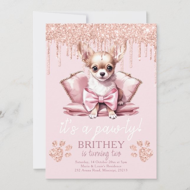 Elegant Dog with Glitter Birthday Invitation (Front)