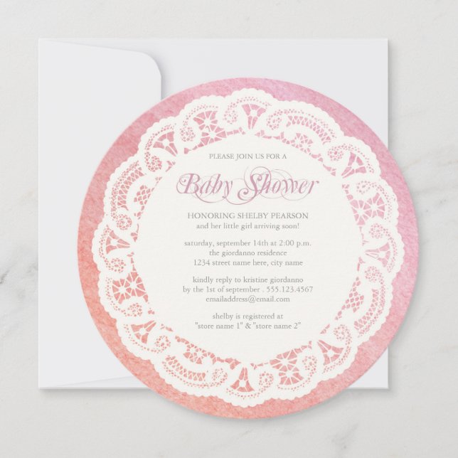 Elegant Doily Baby Shower Invitation / Pink Coral (Front)