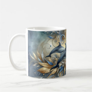 Elegant Dolphins with Golden Floral Waves Coffee Mug