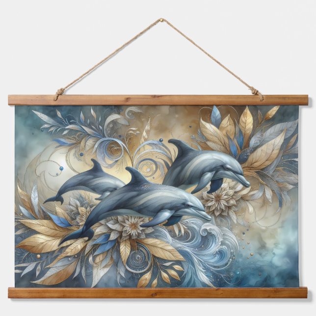 Elegant Dolphins with Golden Floral Waves Hanging Tapestry (Front)