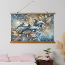 Elegant Dolphins with Golden Floral Waves