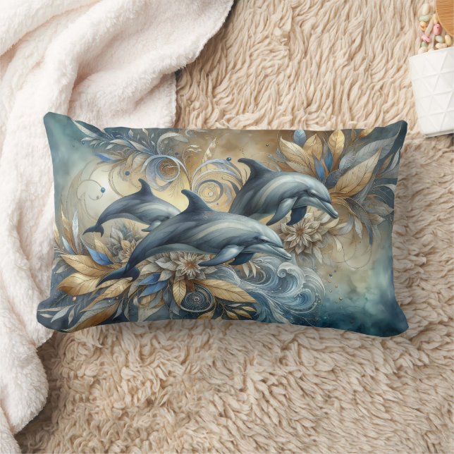 Elegant Dolphins with Golden Floral Waves Lumbar Cushion (Blanket)