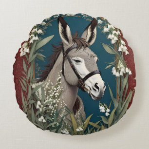 Elegant Donkey and Lily of The Valley Flowers Round Cushion
