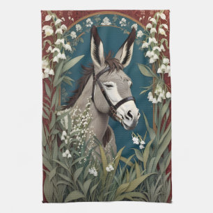 Elegant Donkey and Lily of The Valley Flowers Tea Towel