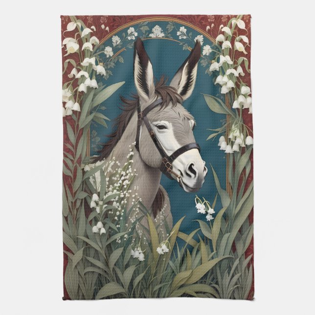 Elegant Donkey and Lily of The Valley Flowers Tea Towel (Vertical)