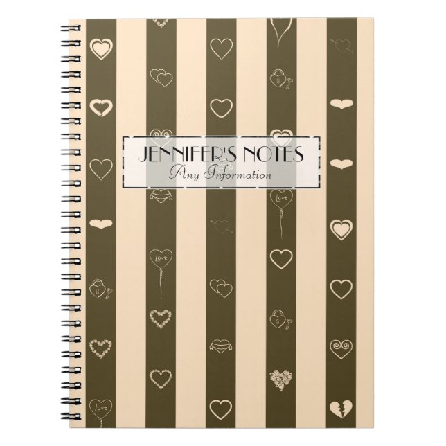 Elegant Donkey Brown Stripes Modern Heart Pattern Notebook (Front)