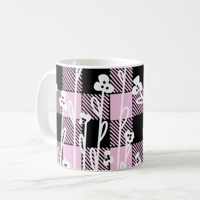 Elegant doodle black pink floral plaid pattern coffee mug (Front Left)