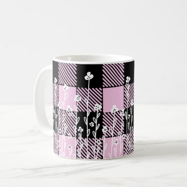 Elegant doodle black pink floral plaid pattern coffee mug (Front Left)