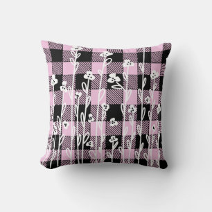 Elegant doodle black pink floral plaid pattern cushion
