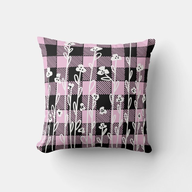 Elegant doodle black pink floral plaid pattern cushion (Front)