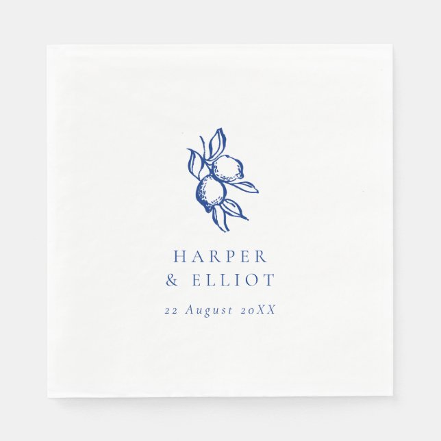 Elegant Doodle Blue Lemons Wedding Napkin (Front)