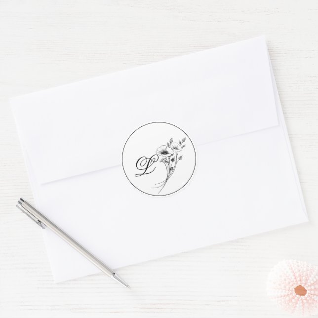 Elegant Doodle Floral Monogram Classic Round Sticker (Envelope)