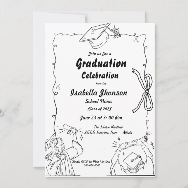 Elegant Doodle Style Hand Drawn Graduation  Invitation (Front)