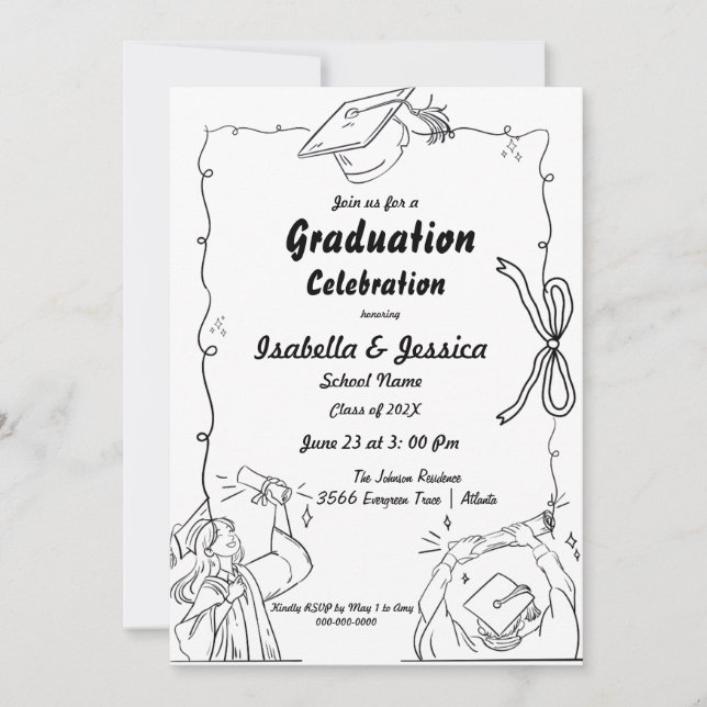 Elegant Doodle Style Hand Drawn  Twin Graduation  Invitation (Front)