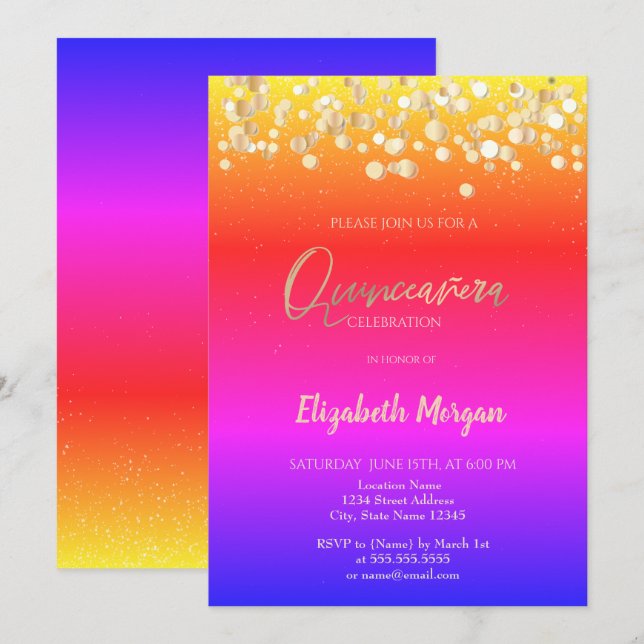 Elegant Dots, Confetti Colourful Ombre Quinceañera Invitation (Front/Back)