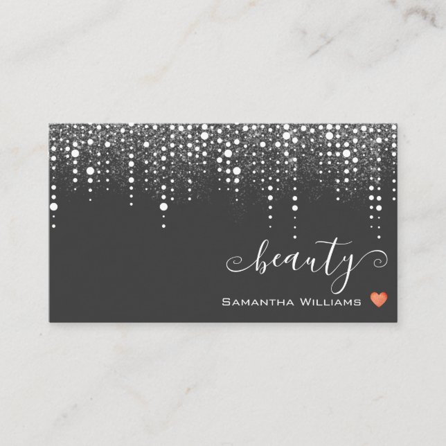 Elegant Dotted Drips with Chic Silver Rain on Gray Business Card (Front)
