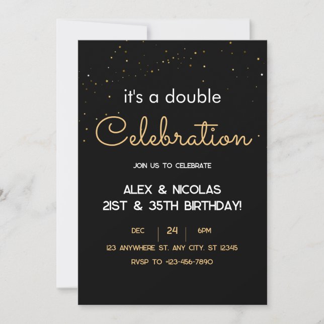 Elegant double Black White Gold Birthday Party  Invitation (Front)
