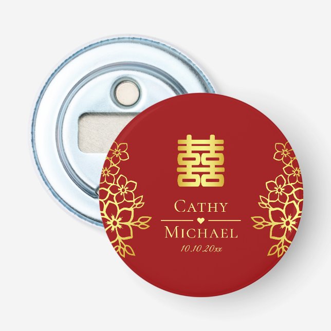 Elegant double happiness Chinese wedding floral Bottle Opener (Front)