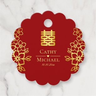 Elegant double happiness Chinese wedding floral Favour Tags
