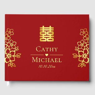 Elegant double happiness Chinese wedding floral Guest Book