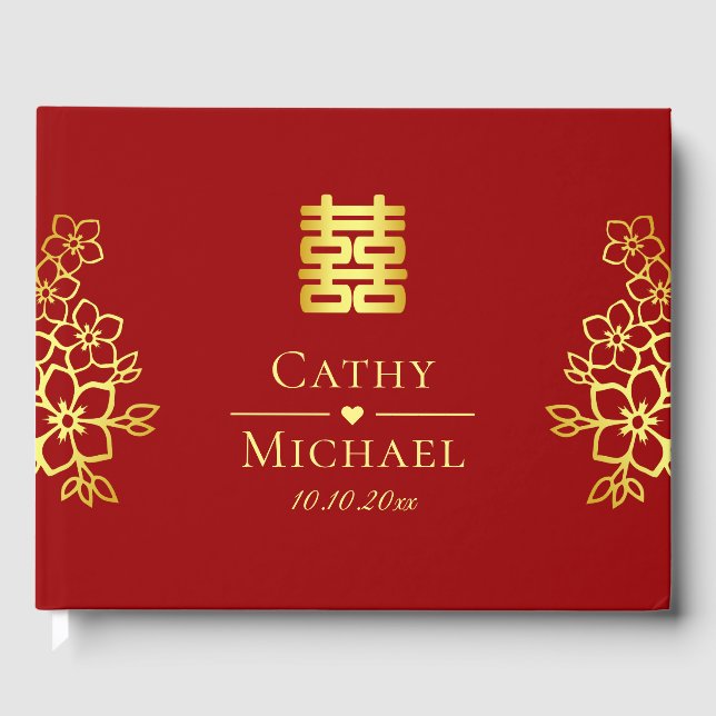 Elegant double happiness Chinese wedding floral Guest Book (Front)