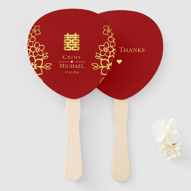Elegant double happiness Chinese wedding floral Hand Fan (Front and Back)