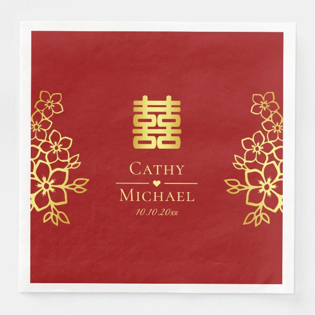 Elegant double happiness Chinese wedding floral Napkin (Front)