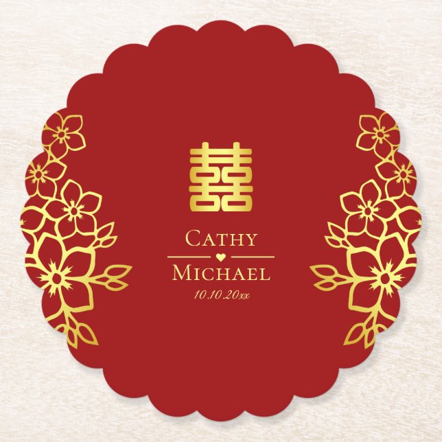 Elegant double happiness Chinese wedding floral Paper Coaster (Front)