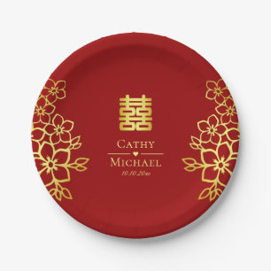 Elegant double happiness Chinese wedding floral Paper Plate