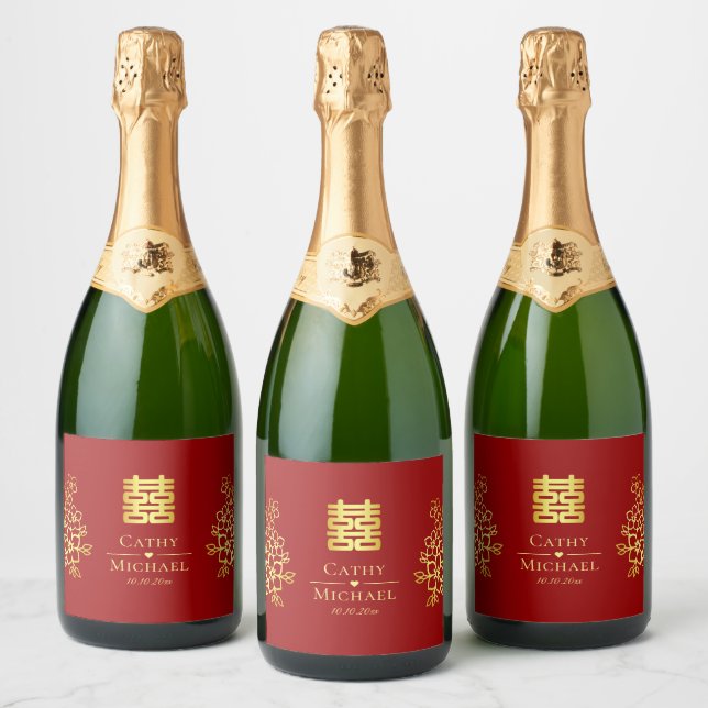 Elegant double happiness Chinese wedding floral  Sparkling Wine Label (Bottles)