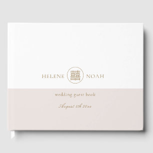 Elegant Double Happiness Pink White Modern Wedding Guest Book